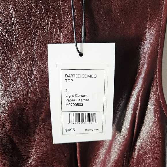 NWT Theory Darted Combo Lamb Leather Top Size 4 Sleeveless Burgundy - Picture 5 of 6